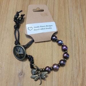 NEW Amalie Peters Brown Leather Burgundy Pearl Star Button Boho Bracelet
